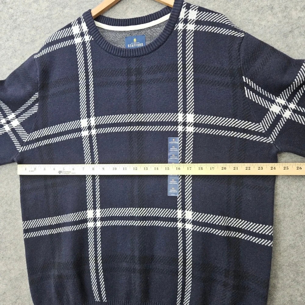 NEW Stafford Sweater Mens XL Navy Windowpane Plaid Long Sleeve Cotton/Wool Blend